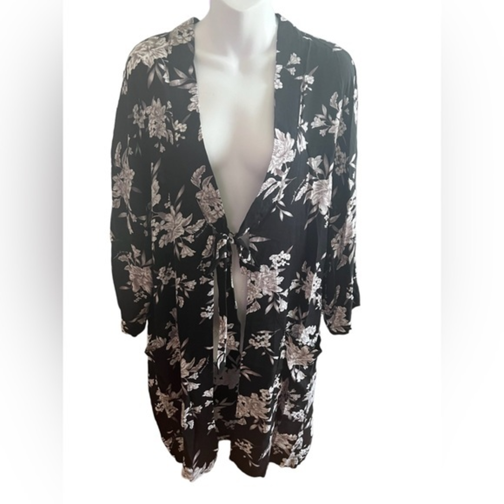 Spiritual Gangster Black Floral Front Tie Kimono or Cover up OS